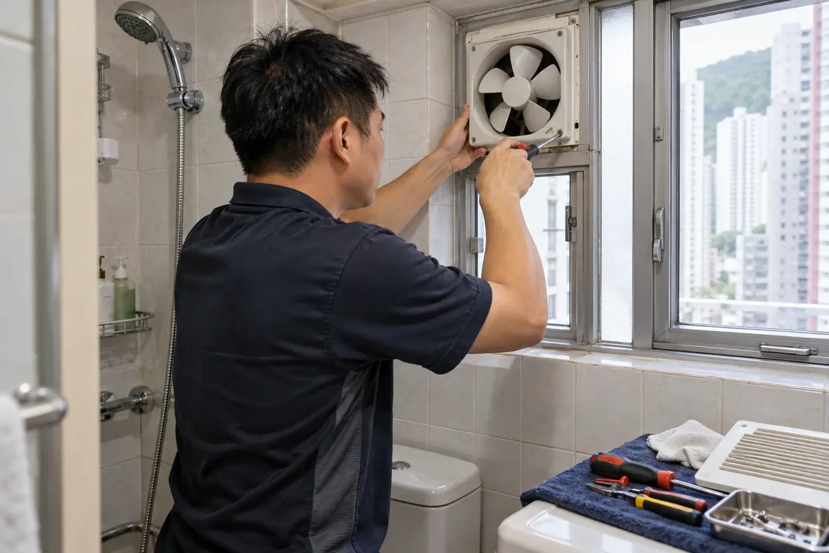 香港師傅在浴室檢查及更換窗口式抽氣扇