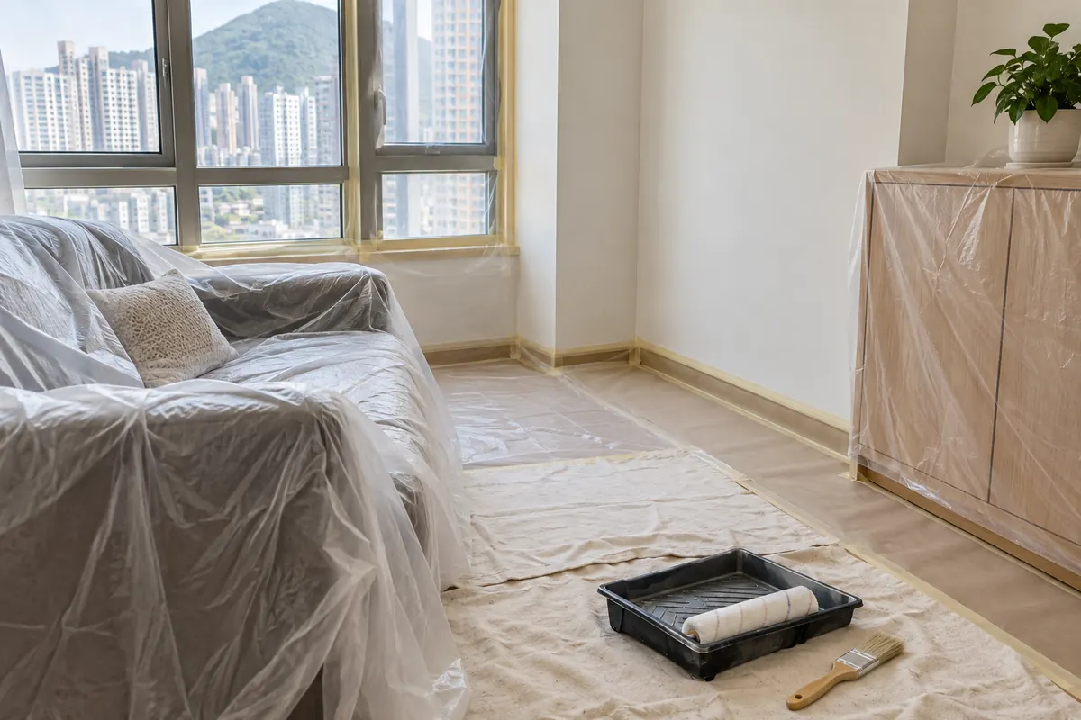 香港細單位局部翻新前保護傢俬、窗框及地面的情境示意