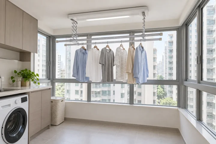 香港室內洗衣區的升降電動晾衫架及窗邊空間